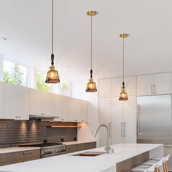 Amber Glass Vintage Pendant Light Height Adjustable Handmade Glass Pendant Lights Kitchen Island Gold Hanging Light Fixture with Wood Handle for Bedroom Dining Room Hotel (3 Pack)