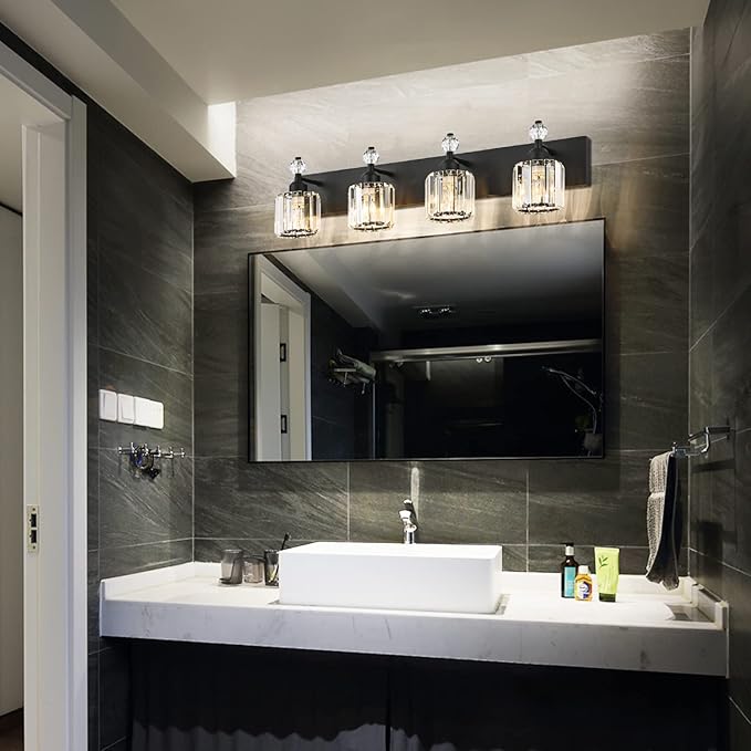 PRESDE Crystal 4- Light Vanity Light for Bathroom，Modern Matte Black Bathroom Lights Fixtures Over Mirror Wall Sconce