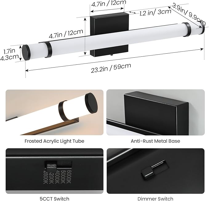 Black Bathroom Vanity Light Fixture 23 Inch 14W Dimmable 5CCT LED Vanity Lights for Bathroom Lighting Fixtures Over Mirror Bath Wall Sconce Bar