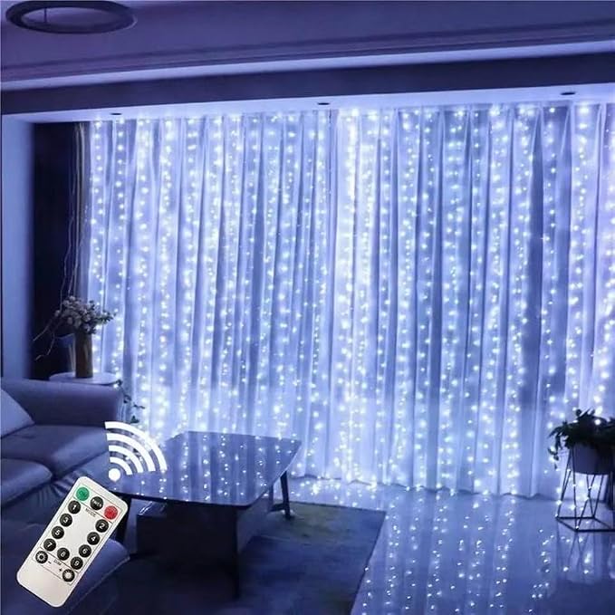 300 LED White Curtain Light for Party/Wedding/Festival/Christmas,Window Blinking String Light for Bedroom/Living Room,USB Plug with 8 Modes(Battery not Included)