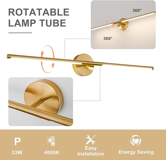 Gold Bathroom Light Fixtures Over Mirror 43 Inch, 33W 360° Rotatable Dimmable 4000K Led Brass Vanity Light Bar, Brushed Gold Bathroom Vanity Lights Above Mirror