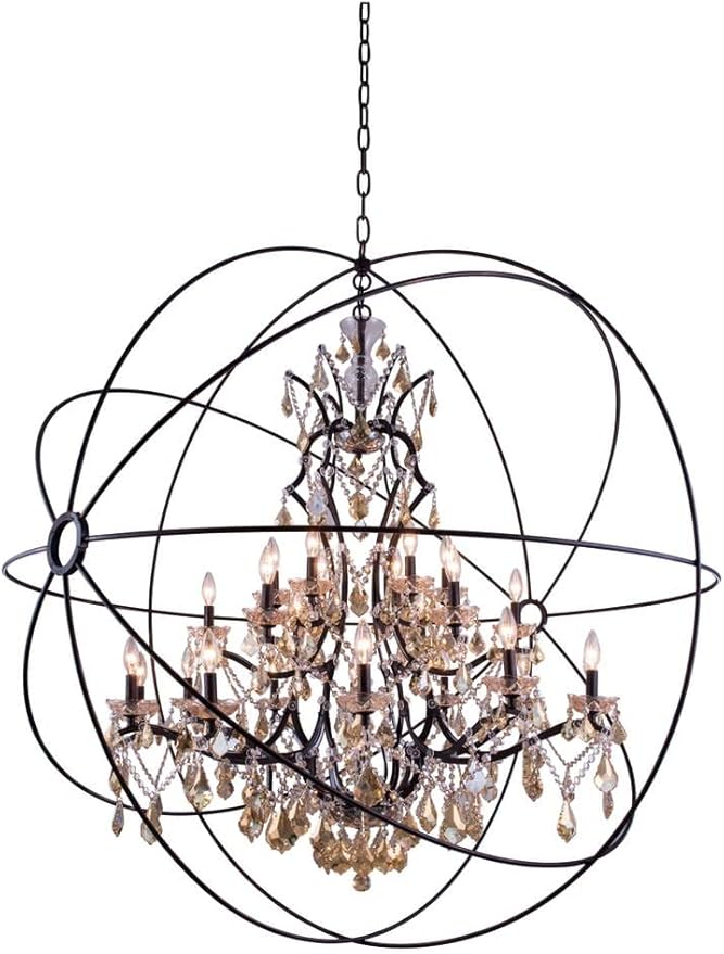 Elegant Lighting Geneva Collection 25-Light Pendant Lamp with Royal Cut Golden Teak Crystals, Dark Bronze Finish