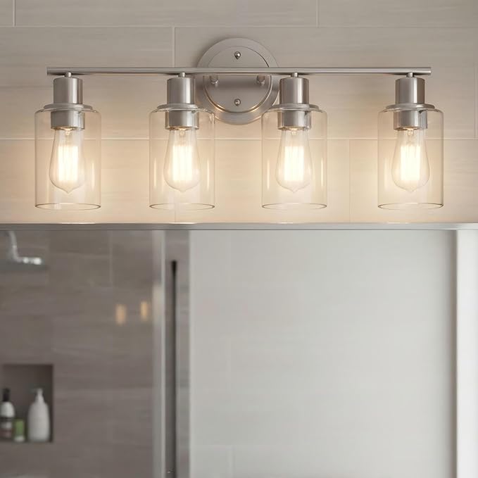 Brushed Nickel 4-Light Bathroom Light Fixture Over Mirror Sink, 4-Light Bathroom Vanity Lights Brushed Nickel Vanity Wall Sconce for Mirror