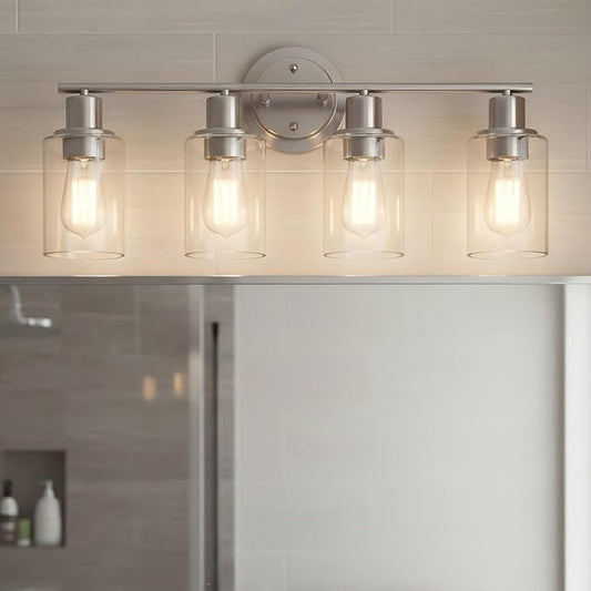 Brushed Nickel 4-Light Bathroom Light Fixture Over Mirror Sink, 4-Light Bathroom Vanity Lights Brushed Nickel Vanity Wall Sconce for Mirror