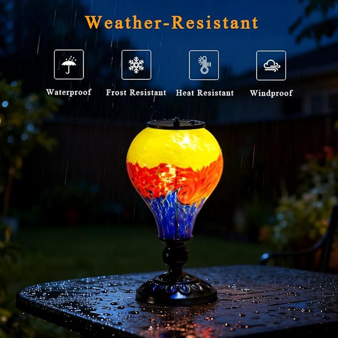 Outdoor Solar Lantern Waterproof Glass Table Lamp 9.8" H Hot Air Balloon Solar Lanterns Led Garden Lights for Patio Desk Garden Yard Tabletop Decor Ideal Gifts(Yellow-Red-Blue)