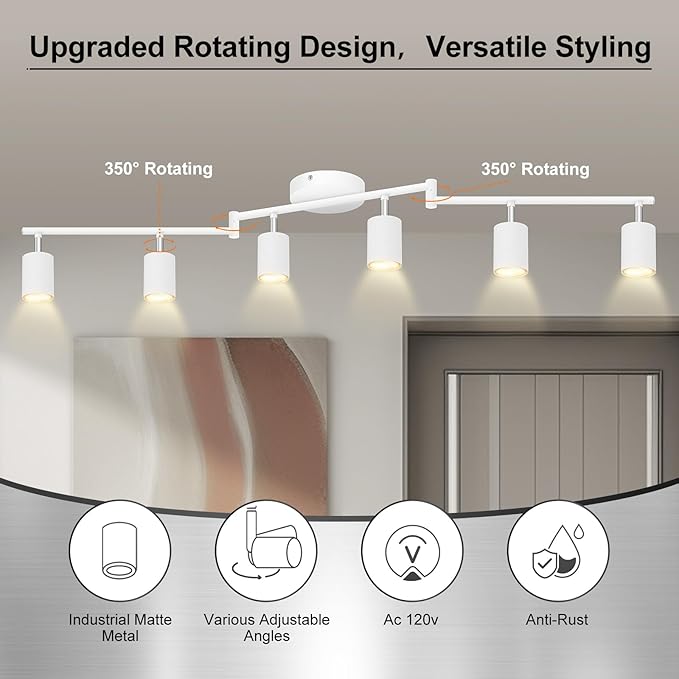 Track Lighting Kit LED, Track Lighting Fixtures Ceiling, 44.3" White 6 Light Ceiling Light for Kitchen, Flexible Spotlight with Rotatable Head, Industrial Wall Light for Hallway(GU10 Socket, NO Bulb)
