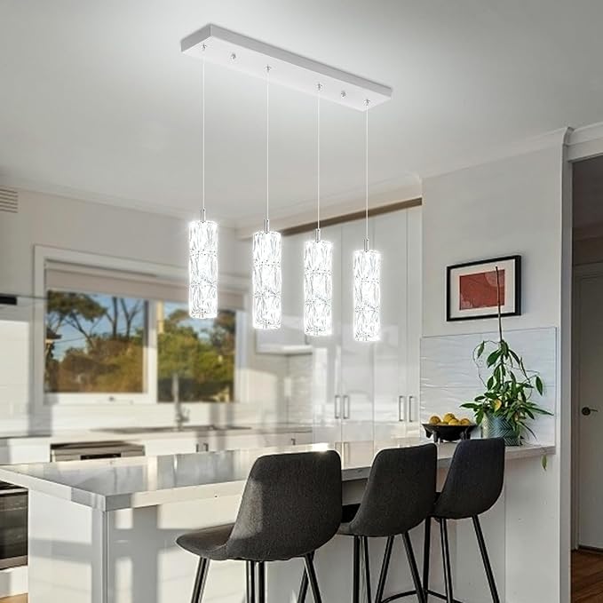 ykolupty Rectangle Crystal Pendant Lights LED Dimmable Pendant Ceiling Lighting Modern Linear Chandelier for Dining Room Hallway Silver