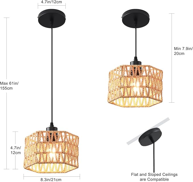 Woven Pendant Light Boho Chandelier, Rattan Pendant Lights Kitchen Island, Farmhouse Pendant Lighting with Hand Woven Wicker Shade, Boho Chandelier Light Fixtures Ceiling Hanging Light