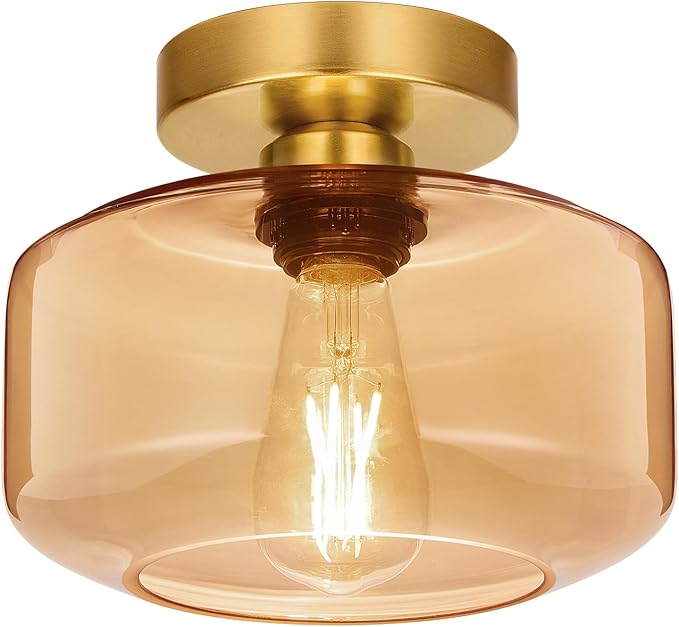 Lynnoland Industrial Semi Flush Mount Ceiling Light Brushed Gold, Amber Glass Shade Ceiling Light Fixture,Amber Light Fixture for Hallway Bathroom Bedroom, Vintage Hanging Light Fixtures