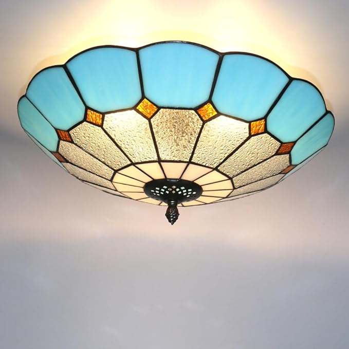 Tiffany Style Ceiling Light 16 Inch 3-Lights Stained Glass Flush Mount Ceiling Light for Bedroom Dining Room Living Room