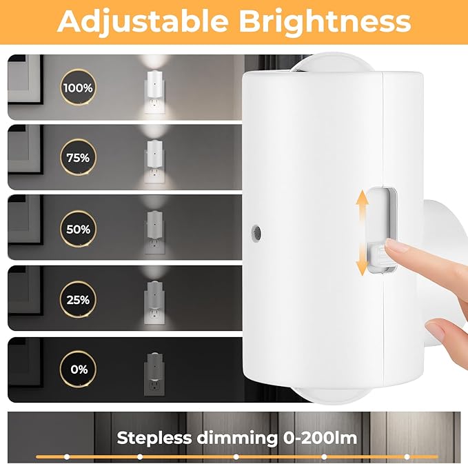 BMXKPO LED Night Light Plug in, Modern Plug-into Wall NightLight, Adjustable 0-200LM Brightness,Daylight 5000K,Dimmable Night Lights for Hallway Bedroom Stairway, Kitchen, Dusk to Dawn Sensor,4 Pack