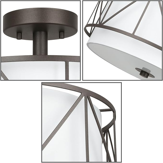 XiNBEi Lighting 16 inch Semi Flush Mount Ceiling Light Fixture with Metal Cage, Modern Drum Light Fixture for Bedroom Kitchen Ceiling Light Fixture for Dining Room XB-SF330-DB