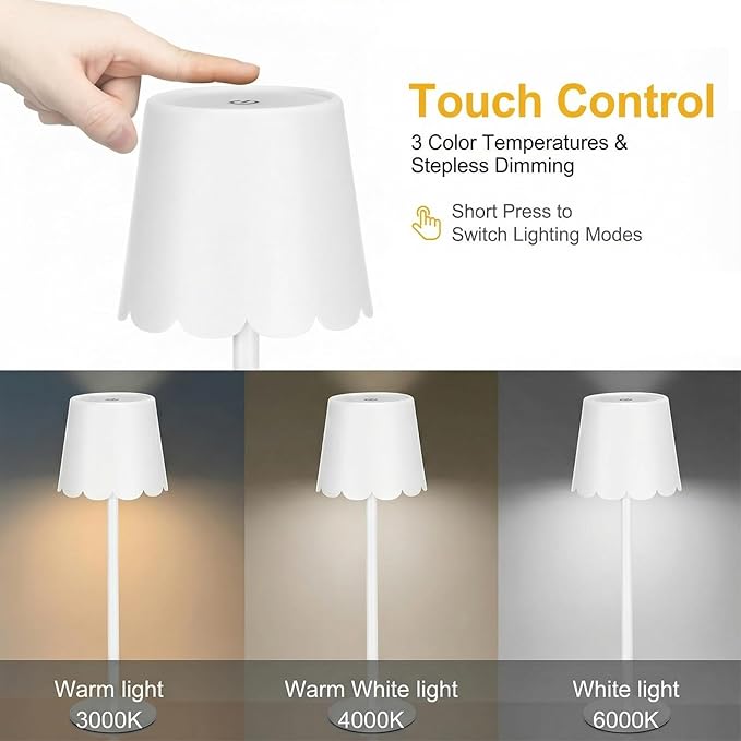 Pickmesh 1 Pack Scalloped Touch Cordless Table Lamp Rechargeable 4000mAh Battery 3 Color Stepless Dimmable Portable LED Desk Light for Mahjong Gift Bedroom Wedding Bars Outdoor Party Home Décor(White)