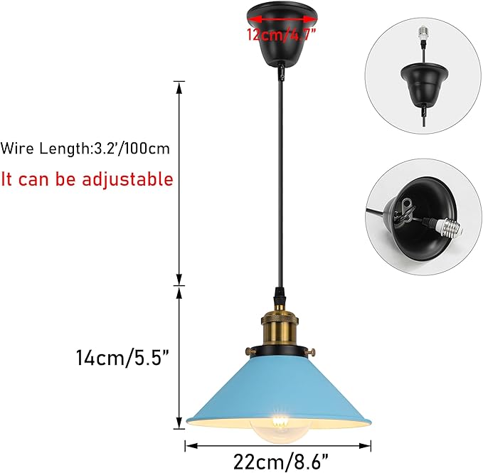 1 Pcs Ceiling Lights Conversion Pendant E26 Base Connections Adjusted Wire Length Cone Metal Blue Lampshade Industrial Style Conversion Kit for E26 Ceiling Lamp Fixtures