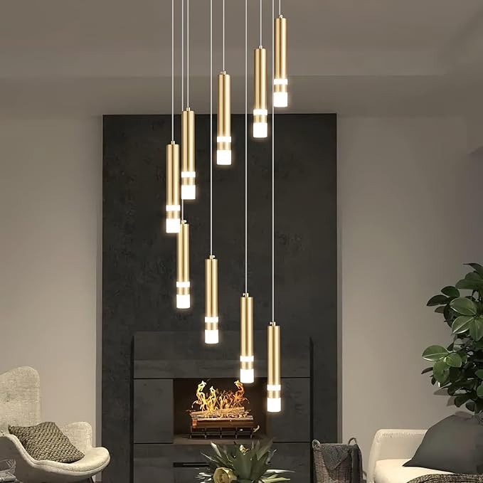 9-Light Modern Pendant Light Fixture Dimmable LED 54W Gold Staircase Large Chandelier Lobby Living Room Bedroom Foyer High Ceiling Chandelier