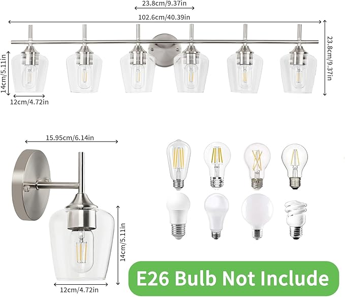 Bathroom Vanity Light Fixtures, Bathroom 6-Lights Over Mirror Modern Vanity Lighting with Clear Wine Glass Shade Wall Lamp for Bedroom Hallway Living Room (Nickel, 6-Light)