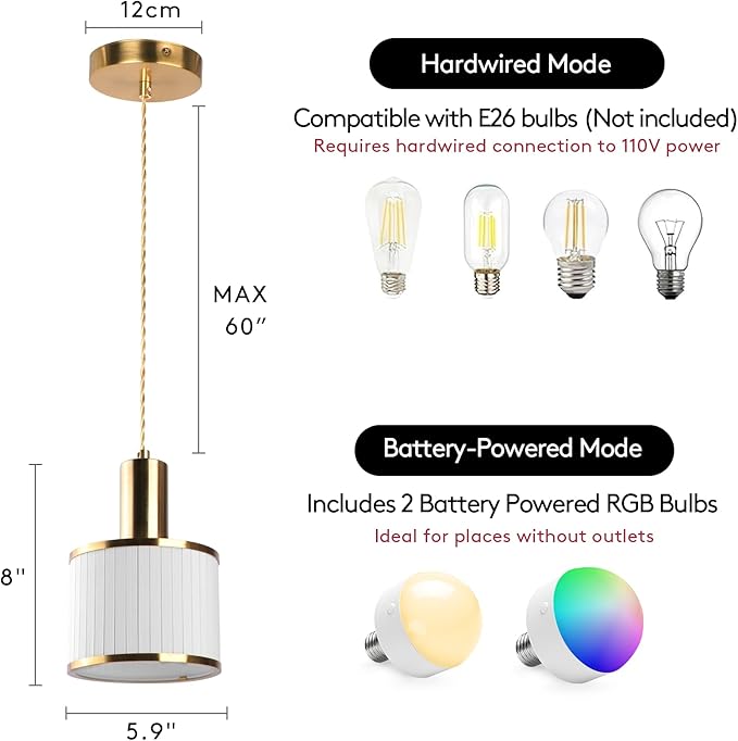 Battery Operated Pendant Light Set of 2, Fabric Lampshade Gold Battery Chandelier with 5200mah Rechargeable Remote Light Bulb, Hanging Island Light for Kitchen Bedroom Dinning Room