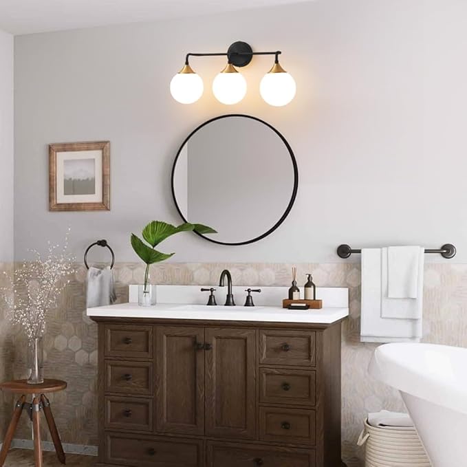 Bathroom Light Fixtures, Black Gold Bathroom Vanity Lights Over Mirror, Modern Farmhouse Wall Sconce Lighting 3-Light with Milk White Glass Ball Shades