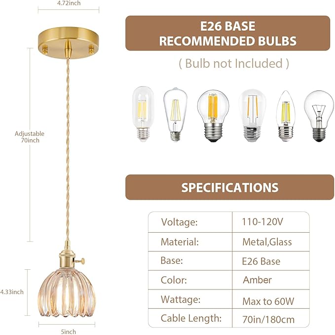 Mini Pendant Lights Kitchen Island 3 Pack, Small Adjustable Pendant Light Fixture with Amber Tulip Glass Lampshade, Vintage Gold Pendant Lighting, Pendant Light for Bedroom Dining Room Hallway