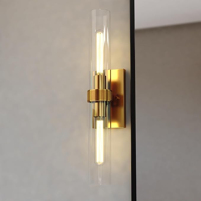 VAXCEL Bari 2-Light 4.5 in. Wide Satin Brass Contemporary Wall Sconce, Clear Glass Shade, Dimmable, LED Compatible, Vertical or Horizontal Mount, Steel Bathroom Vanity Lighting Fixture