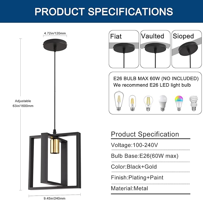 Black Pendant Lights for Kitchen Island Industrial Lantern Pendant Light Fixtures with Golden Lamp Cup, Farmhouse Adjustable Height Hanging Pendant Lighting