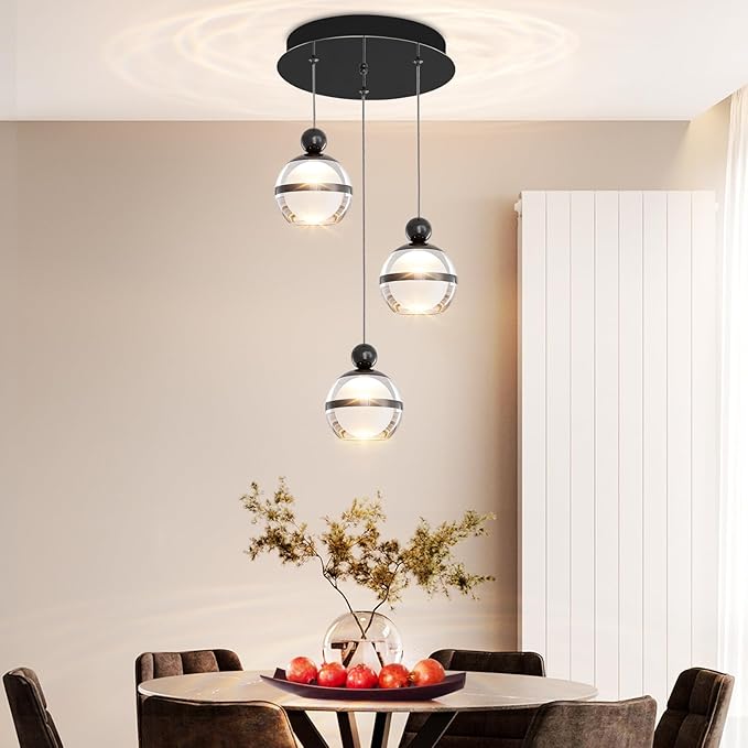 Black Pendant Lights 3-Light Globe Cluster Adjustable Hanging Ceiling Light Modern LED Dining Room Light Fixtures Over Table for Kitchen Island