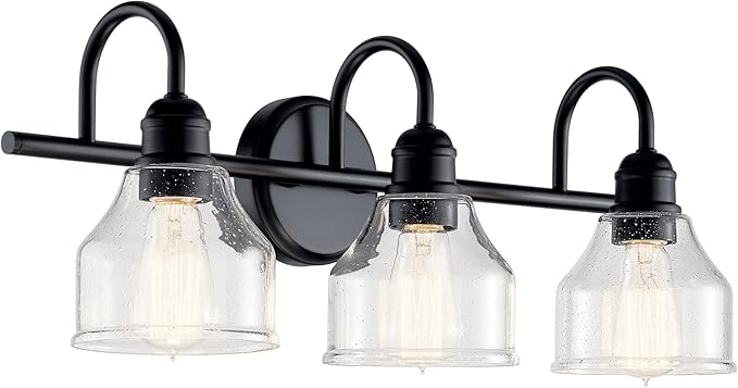Kichler Avery 24" 3-Light Bathroom Vanity Light Fixture with Clear Seeded Glass in Black for Modern Industrial Farmhouse Style, Wall Mount Over Mirror (24" x 9.5" x 8.25"), 45973BK