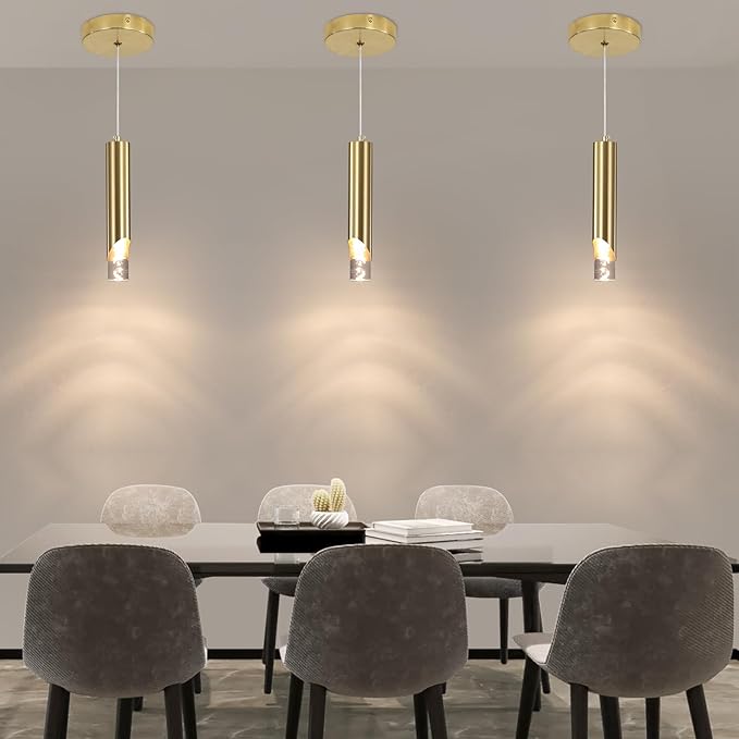 3 Pack Modern Gold Pendant Light Fixture, Acrylic Bubble Cylinder Hanging Lights, 3 Color Temperatures, Minimalist Ceiling Chandelier Lighting for Dining Room, Bedroom, Hallway, Bar, Kitchen Island