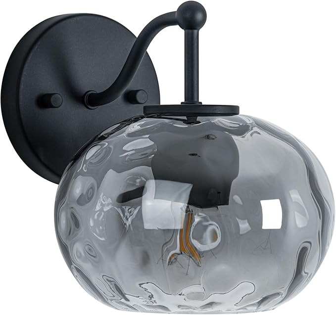 Matte Black Wall Sconce Light Smoked Hammered Glass Vanity Lighting Modern Grey Shade Wall Lamp for Bathroom Over Mirror