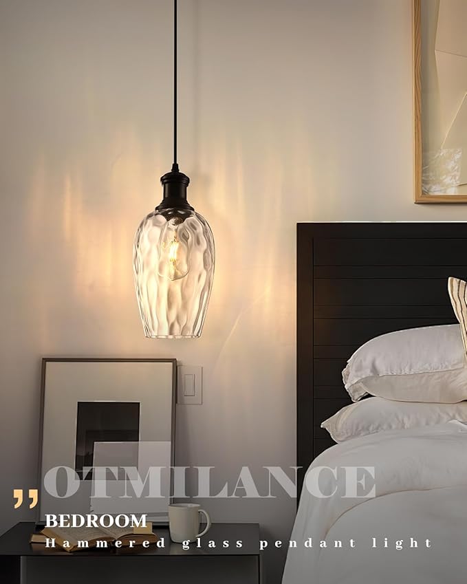 Black Pendant Lights Kitchen Island, 6.3” Hammered Glass Pendant Lights, Hanging Industrial Clear Glass Pendant Light 2-Pack, Farmhouse Kitchen Pendant Light for Dining Room, Bathroom, Cafe