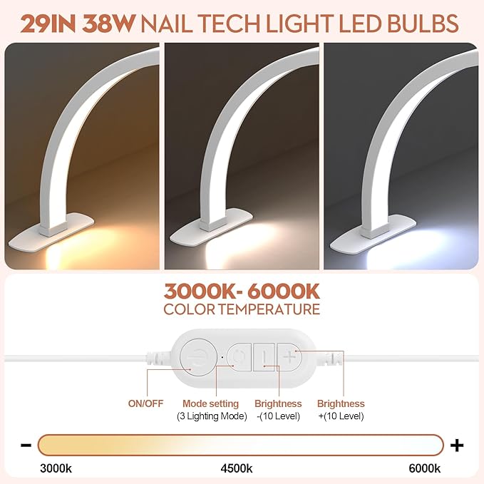 SLYFTE Premium Large Half Moon LED Light for Nail Tech, Foldable Arch Light for Nail Desk Lamp with Phone Stand Perfect for Manicure Handicraft Lighting (Crystal White, Large)