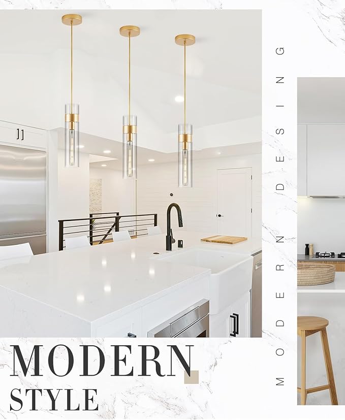 3 Pack Gold Pendant Lights Kitchen Island (Bulbs Included), Adjustable Modern Glass Pendant Light Over Island, Industrial Pendant Light Fixtures for Dining Room Hallway Bedroom Living Room