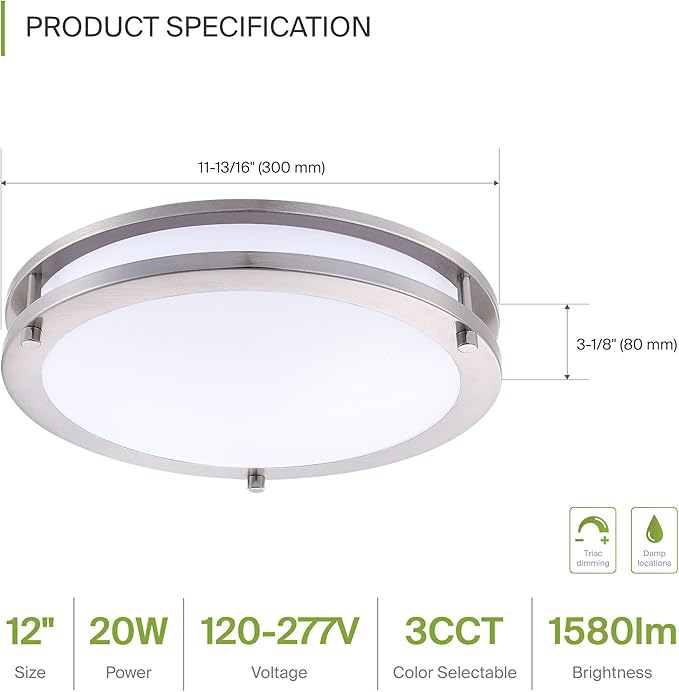 ASD LED 12" Round Flush Mount Lighting, Close to Ceiling Light Fixture | 3CCT, Dimmable, Energy Star, ETL Listed | 20W 1580LM 3000-5000K 100-277V | Low Profile Double Ring Lamp | Nickel, 4 Pack