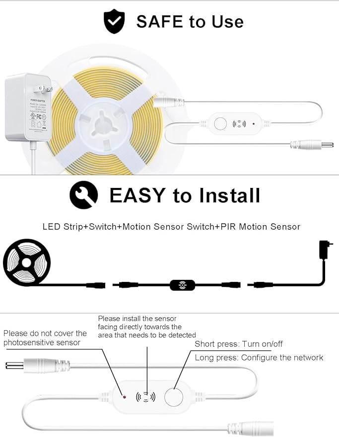 Cool White 6500K Smart COB LED Strip Light 9.85ft with Radar Motion Sensor, WiFi APP Control Dimmable Flexible LED Tape Light Timed for Google Home Alexa for Cabinets,Home&Office DIY Lighting