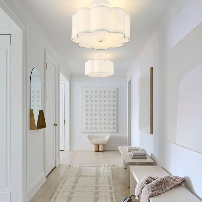 13.3"Semi Flush Mount Ceiling Light Fixture, 3-Light Modern Close to Ceiling Light With Fabric Flower-Shaped Shade, Light Fixtures Ceiling Mount for Bedroom Nursery Kids Room Living Room(White)