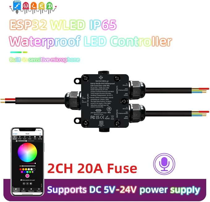 ESP32 WLED LED Controller with Mic for Music Sync, APP/Web Control, IP65 Waterproof, 5V/12V/24V WS2812B SK6812 WS2811 RGBIC Addressable LED Strip Lights, 20A Output Fuse Protection