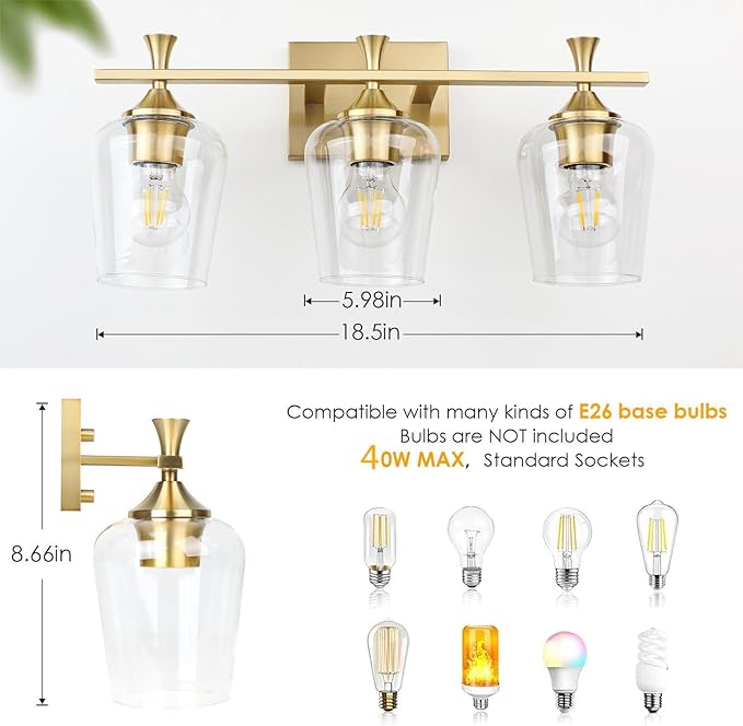 3 Light Bathroom Vanity Light - Gold Bathroom Lighting Fixtures Over Mirror, Modern Wall Sconces with Transparent Glass Lampshade for Bedroom Living Room Kitchen Cabinet Stair Hallway