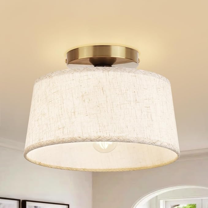 2P Modern Ceiling Light Fixture, 10 Inch Semi Flush Mount Lamp with Linen Shade, E26 Base, Gold for Kitchen Bedroom Hallway Closet Entryway Room Small Spaces, 2 Pack