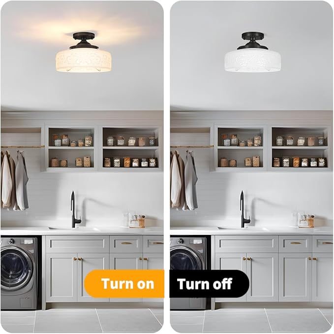 Black Semi Flush Mount Ceiling Light with Hand-Carved Design - 12 Inch Vintage White Glass Shade with Etched Patterns, Easy Install 3-Light Fixture for Hallway, Kitchen, Bedroom