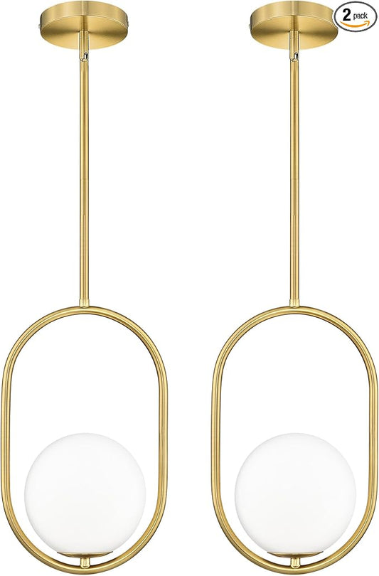 AUTELO Pendant Lights Kitchen Island, 2 Pack Brushed Gold Farmhouse Pendant Lights with Milky White Globe Hanging Lamp, Adjustable Rods for Kitchen Bar Living Room, H9376 MGBG-2PK