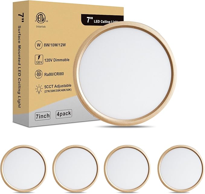 7 Inch LED Ceiling Light - Dimmable 2700K/3000K/3500K/4000K/5000K Selectable LED Ceiling Lights, Ultra Slim 0.67 Inch Round Flat Ceiling Lamps for Bathroom Basement, 7 Inch 4Pack Gold