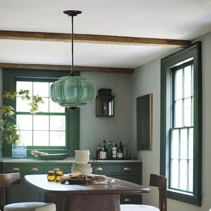 Green Milk Glass Pendant Light Vintage Schoolhouse Light Fixture Mid-Century Modern Foyer Chandelier Black Traditional Semi Flush Mount Ceiling Light for Bedroom Kitchen Dining Room