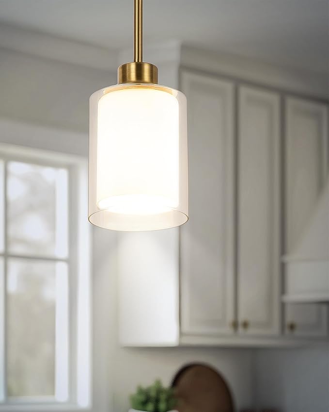 1-Light Mini Pendant Light Fixtures, 2-Pack Modern Hanging Ceiling Lighting, Adjustable Height, Gold Pendant Lamp with Dual Glass for Kitchen Island Bedroom