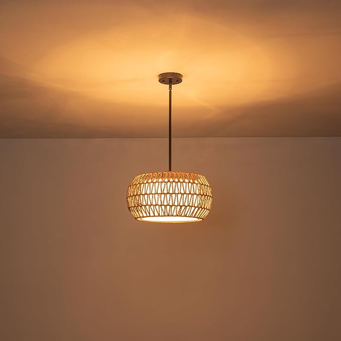 4-Light Farmhouse Rattan Chandelier,15.7'' Boho Hand Woven Drum Pendant Light Fixtures with Fabric Shade,Coastal Rattan Hanging Ceiling Lights for Kitchen Island,Dining Room,Living Room,Entryway,Foyer