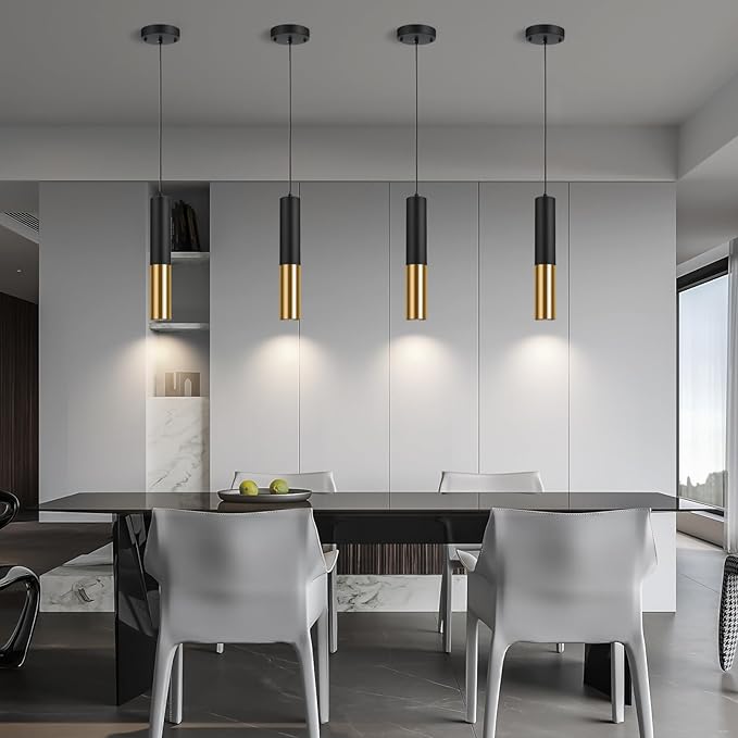 Modern Black Pendant Light Fixture for Kitchen Island, 1-Light Pendant Lighting, Lights Cord Adjustable, Matching GU10 lamp Holder,for Living Room Bedroom Dining Room (Black&Gold-3Pack)