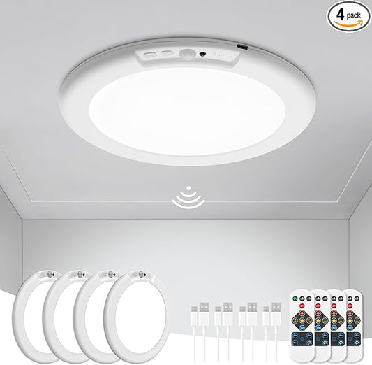 wowatt 4Pcs Battery Operated Ceiling Lights Rechargeable Motion Sensor Light Indoor Wireless Shower Light with Remote 3000K 4500K 6500K 7.48in Dimmable Timing Motion Activated Lamp for Closet Shower