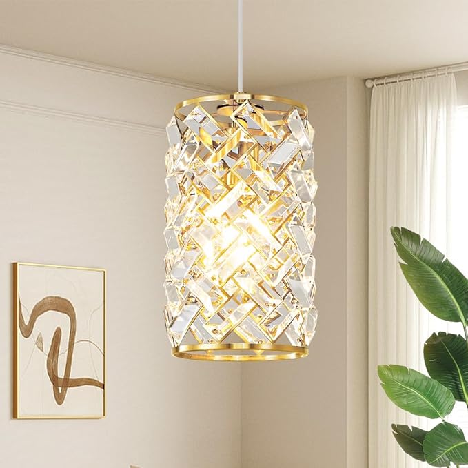 Gold Pendant Lights Kitchen Island, Mini Crystal Modern Kitchen Pendant Lighting Over Sink with 10.2" Clear Glass Shade Chandeliers, Adjustable Pendant Light Fixture for Dinning Room Bedroom Entryway