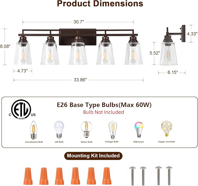Refice 5-Light Bathroom Vanity Lights, Bathroom Light Fixtures with Clear Glass Shades, Vintage Oil Rubbed Bronze Wall Sconces Over Mirror for Living Room, Farmhouse, Hallway