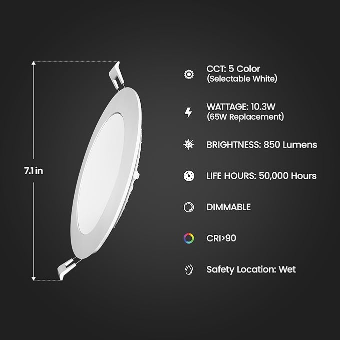 Feit Electric 6" LED Canless Recessed Downlights with Tethered Jbox, Slim, 65W Replacement, Dimmable, 5CCT Adjustable White, 90 CRI, 850 Lumens, LEDR6XT/6WYCA/6, 6 Pack