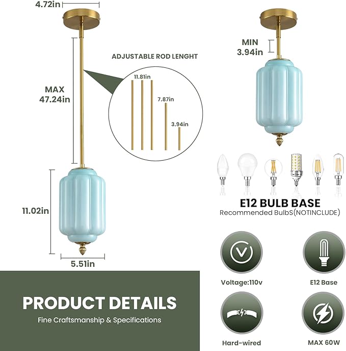 Vintage Blue Glass Pendant Lights 5.5 Inch Mid Century Brass Hanging Ceiling Light, Small Adjustable Height Kitchen Island Hanging Lights for Dining Room, Kitchen, Hallway and Bedroom, E12 Base